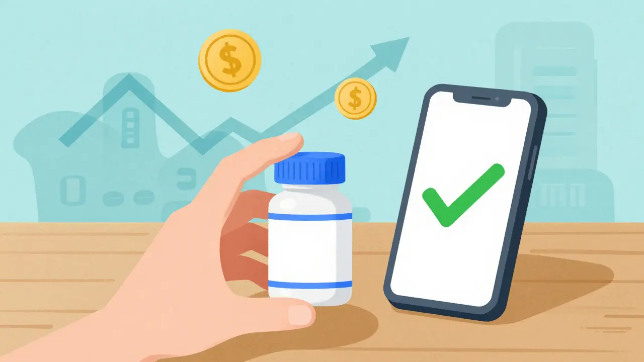 Hand holding generic pill bottle with smartphone showing savings