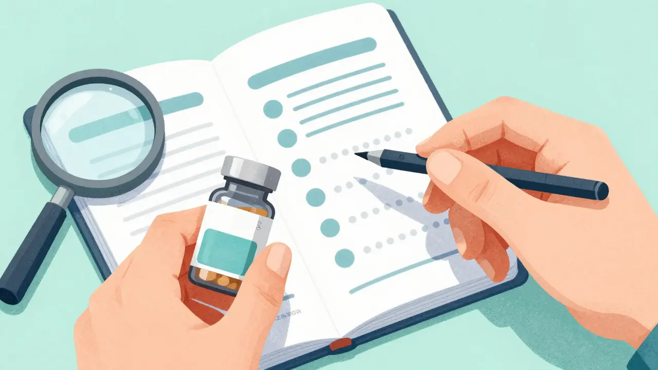 Hands comparing medicine bottle with health records