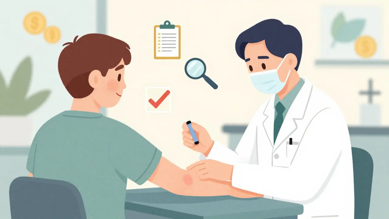 Illustration of an allergist performing a skin test for delabeling