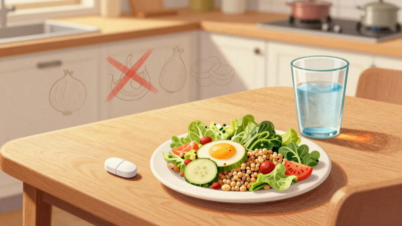 Illustration of taking pills with food and avoiding gas-causing items
