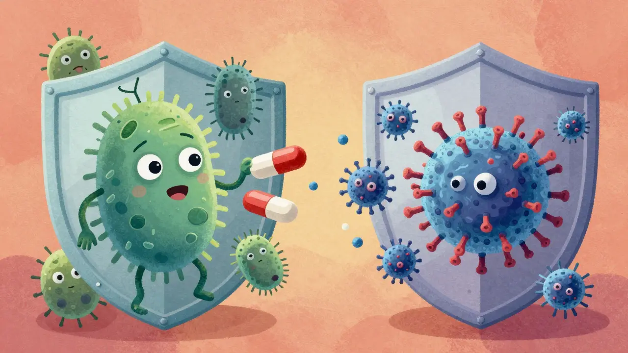 Illustration showing antibiotics killing bacteria but not viruses