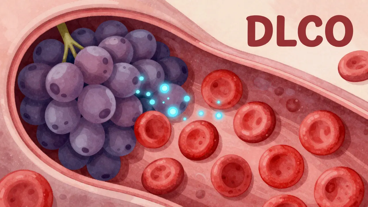 Microscopic view of gas exchange in lung alveoli