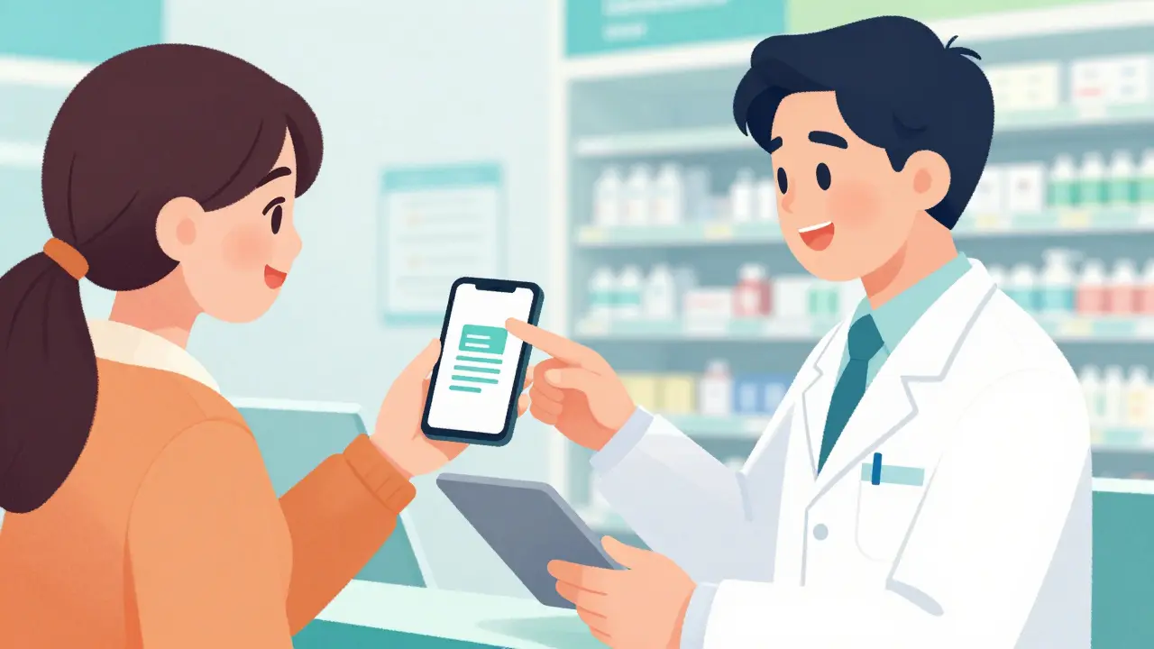 Patient requests digital medication guide via phone while pharmacist sends it electronically.