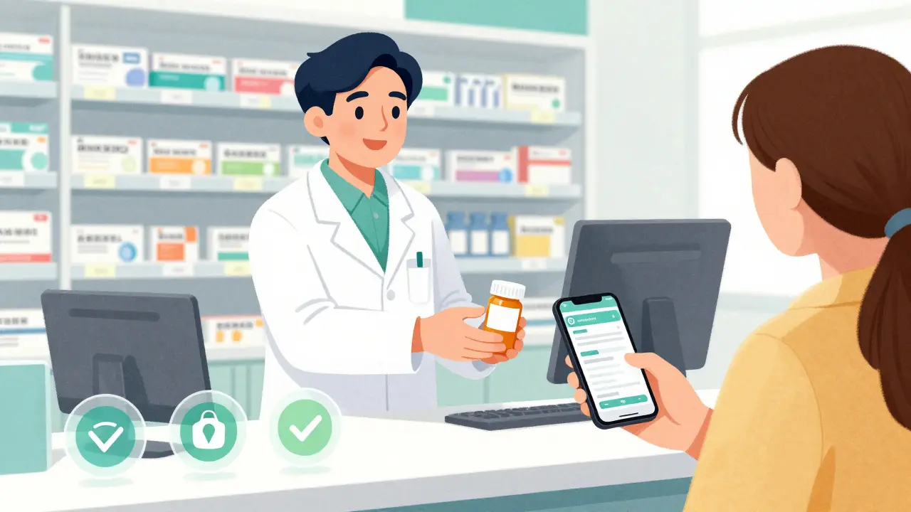 Person picking up discounted antibiotics at a local pharmacy counter