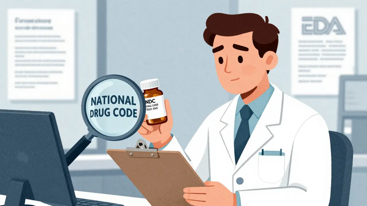 Pharmacist checking drug codes for adverse event reporting