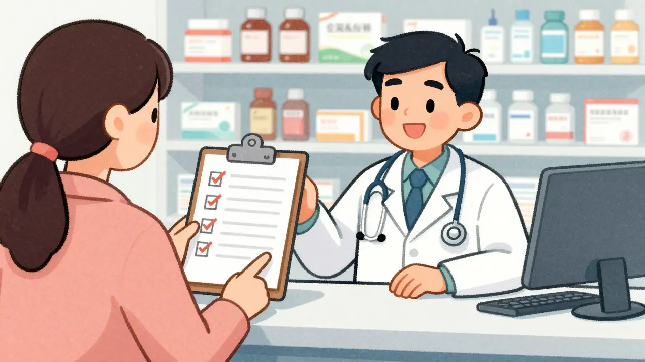 Pharmacist helping patient verify medication details