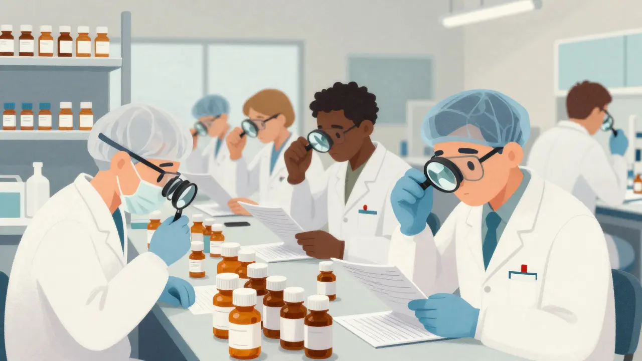 Technicians performing rigorous quality control checks on generic pill batches