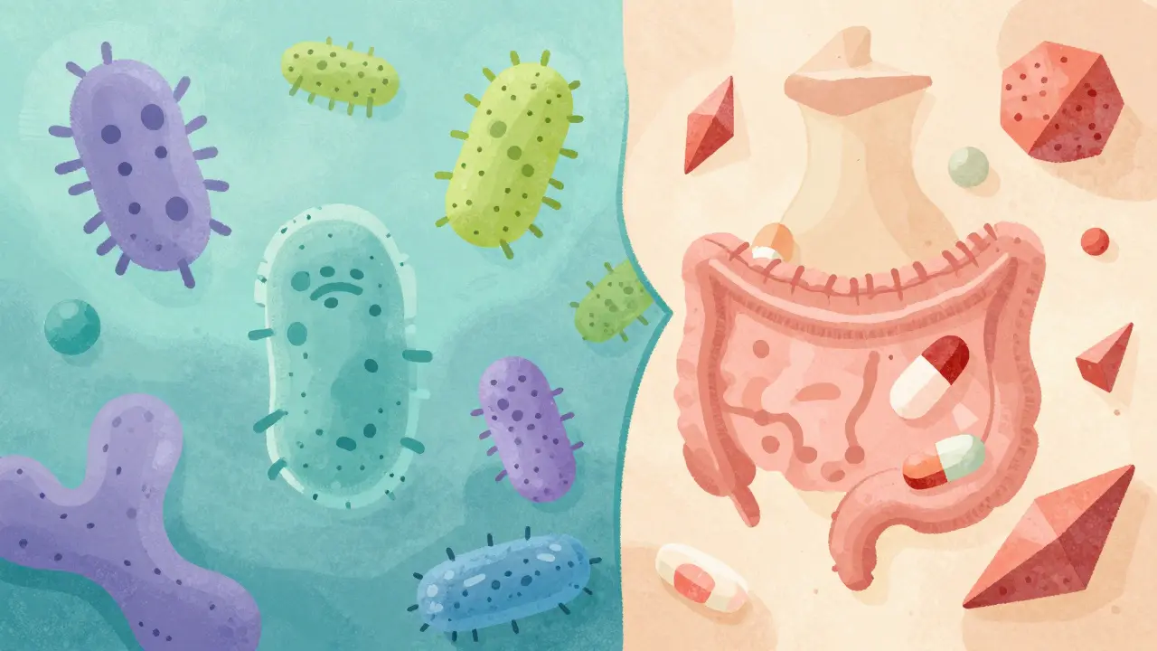 Textured art comparing gut health impacts of different cholesterol drugs