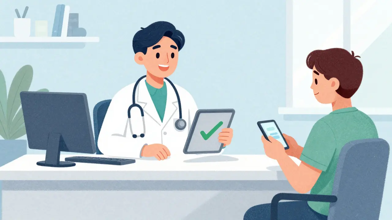 Cartoon of a doctor consulting a patient via tablet for a prescription