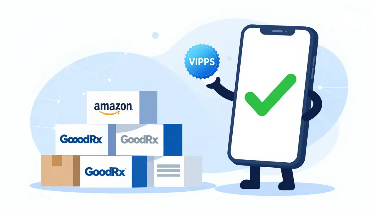 Character verifying safe online pharmacy with digital safety seals