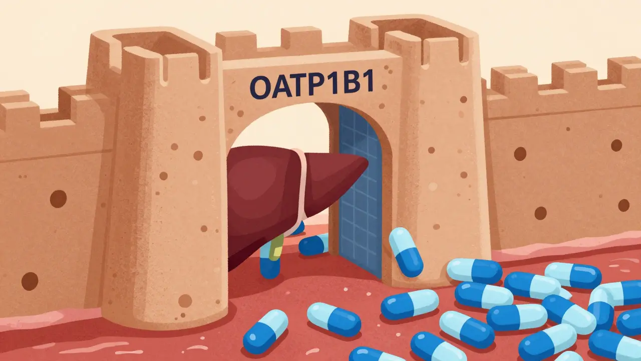 Diagram showing blocked drug transport in liver cells