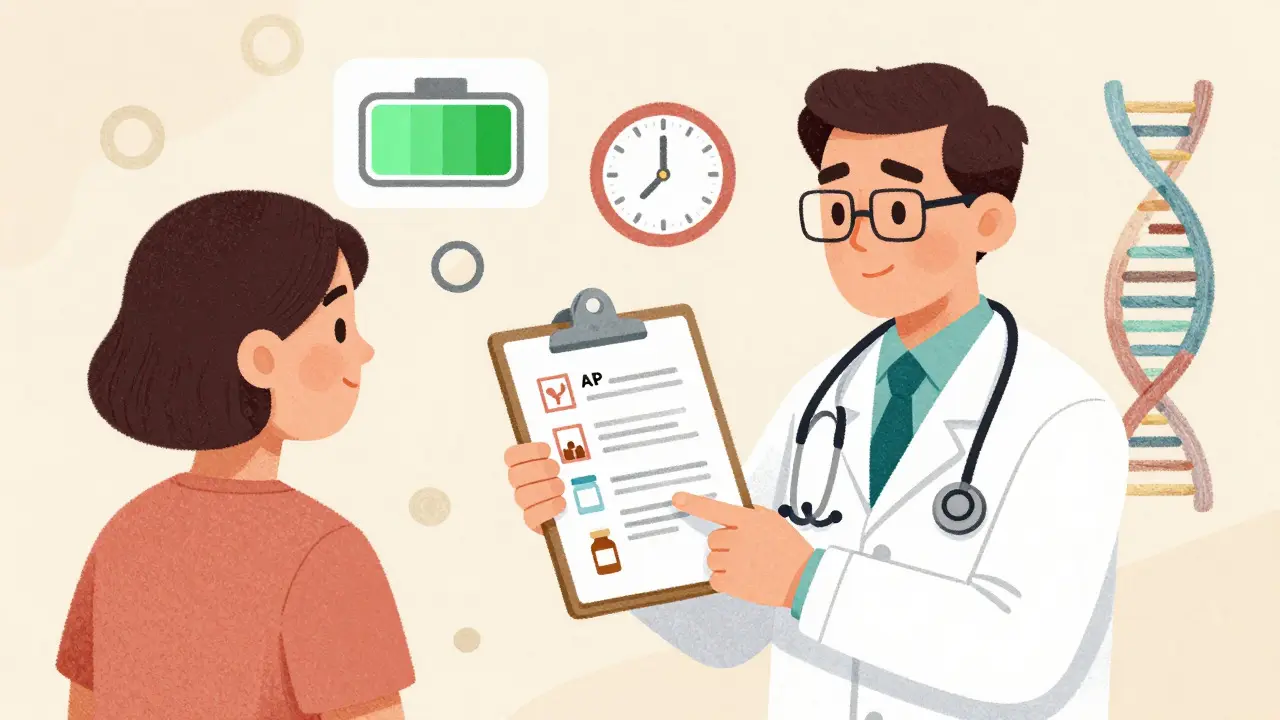 Doctor assessing patient risk factors for heart arrhythmias with icons.