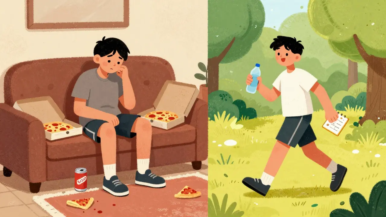 Illustration comparing lazy weekend eating vs active healthy habits