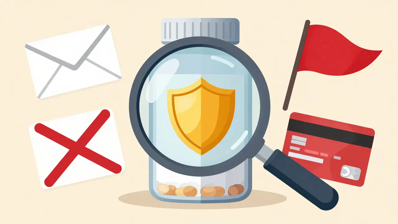 Illustration of a magnifying glass verifying a safe pharmacy pill bottle
