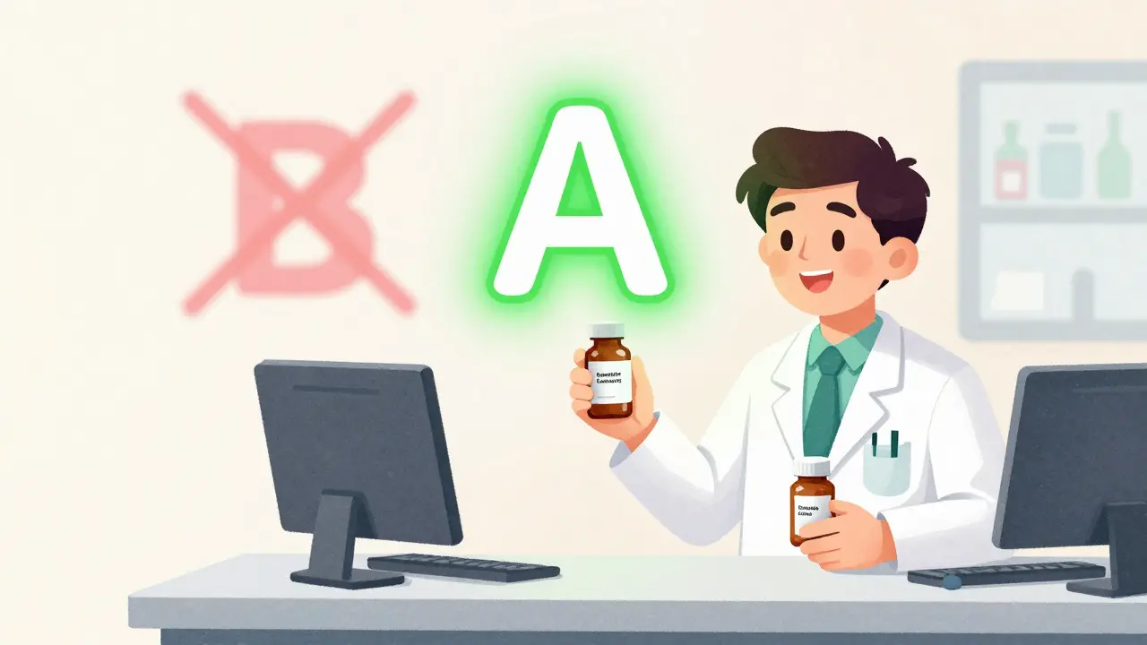 Illustration of a pharmacist comparing brand and generic pills with equivalence codes