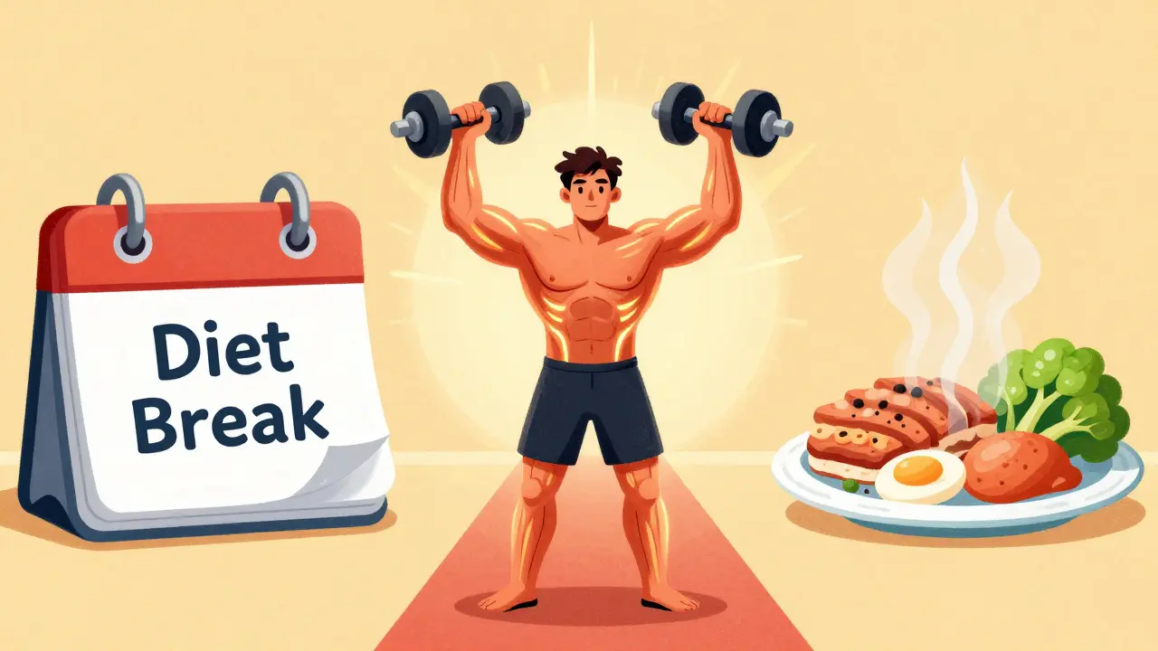 Illustration of diet breaks, weightlifting, and protein for plateaus