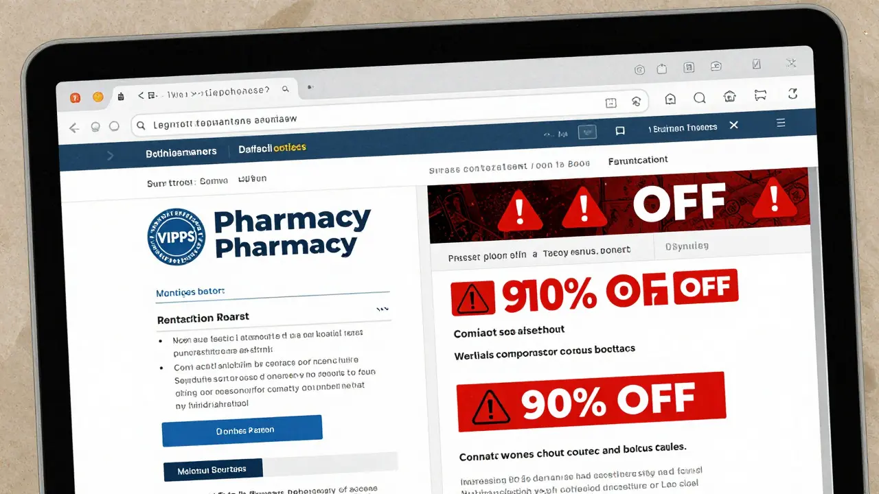 Illustration showing safe vs unsafe online pharmacy websites on a screen