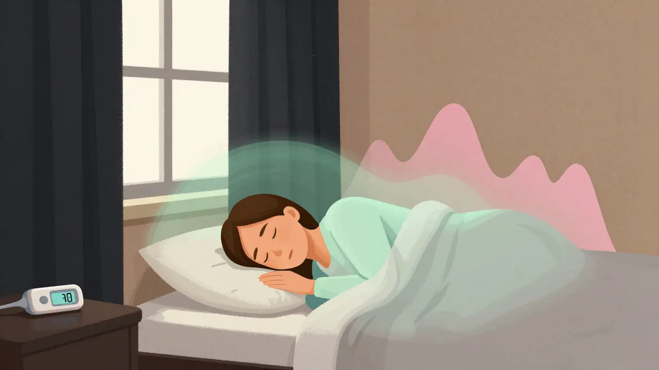 Peaceful sleeper in an optimized bedroom environment with sound masking