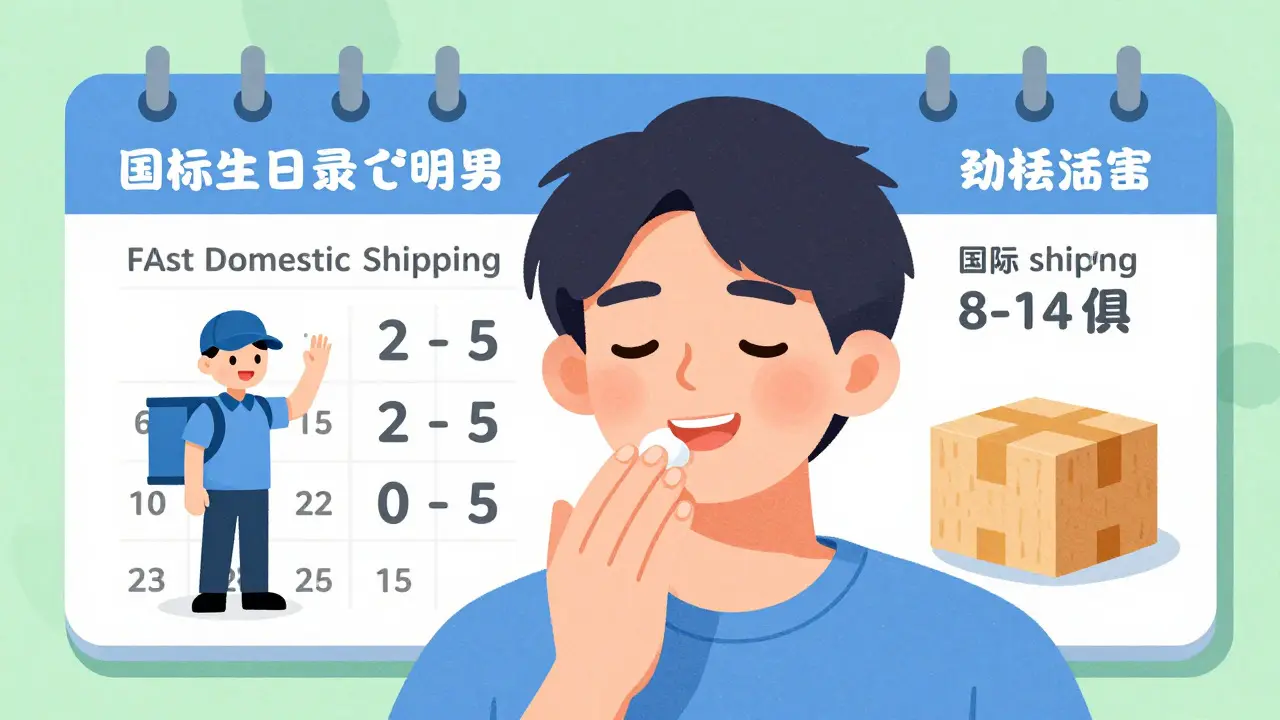 Person relieved with medication, showing fast and slow shipping options