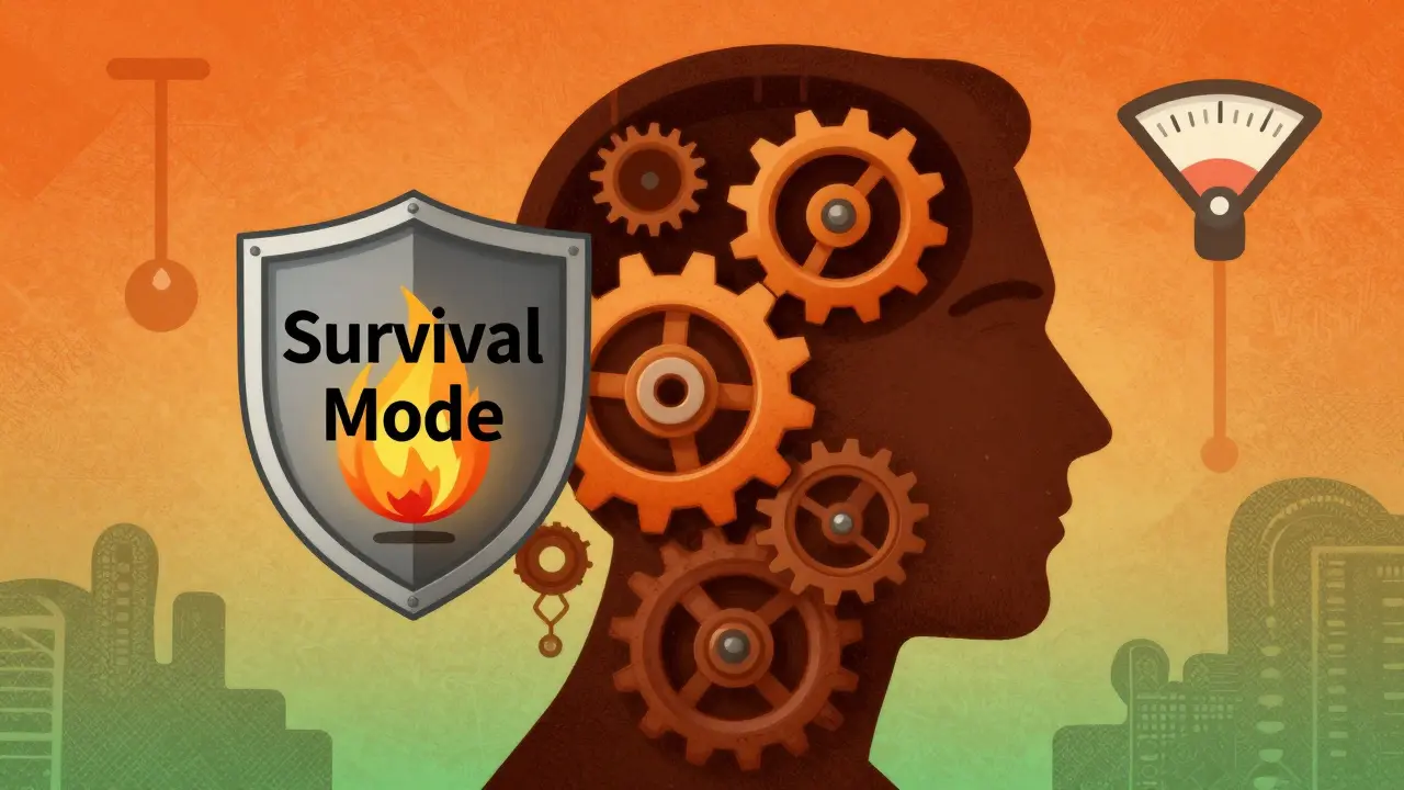Silhouette with slowing internal gears and a dimming metabolism flame