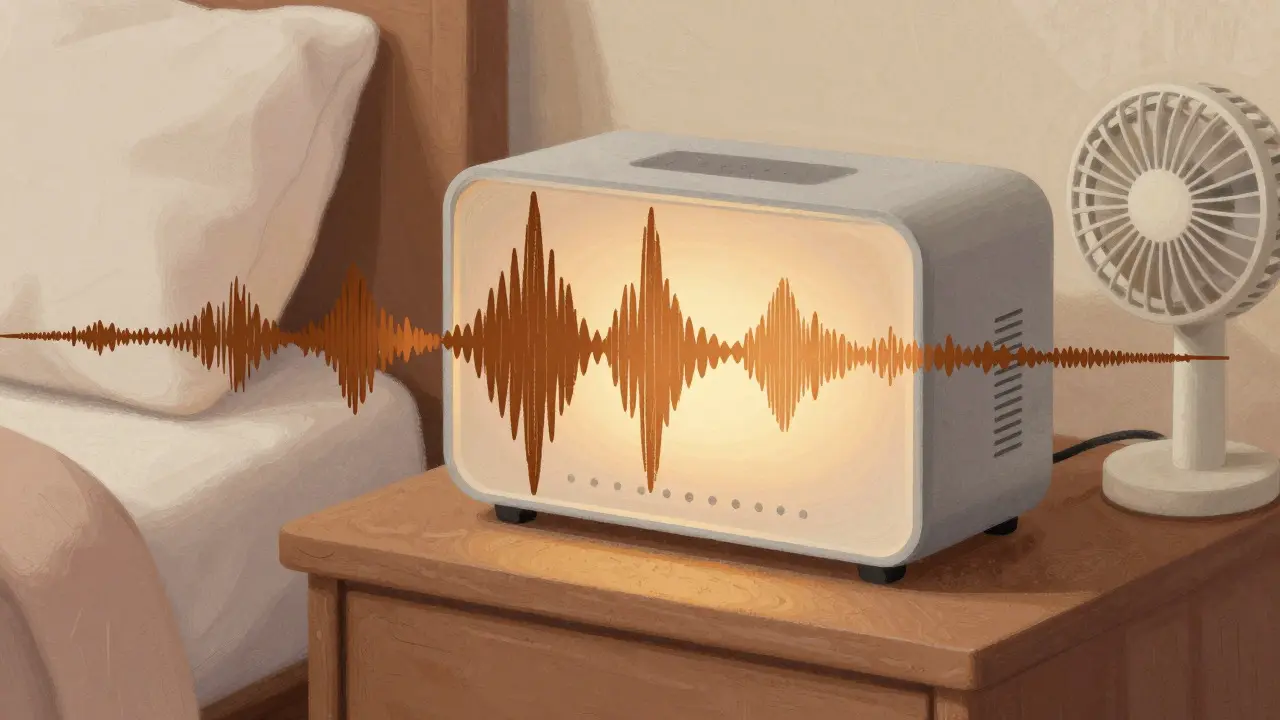 Sound machine emitting soothing waves to mask tinnitus in a bedroom