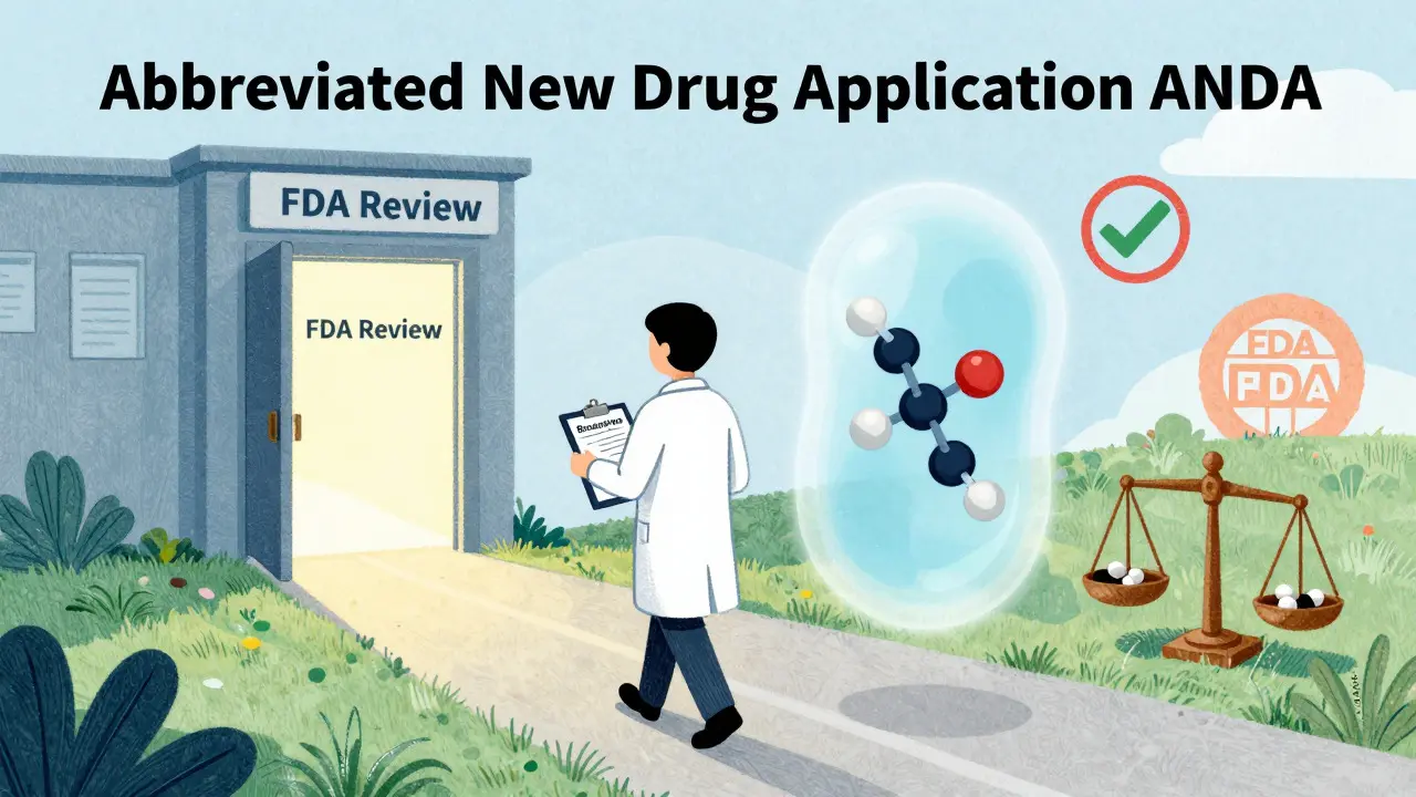 Textured cartoon showing the ANDA pathway and bioequivalence testing process