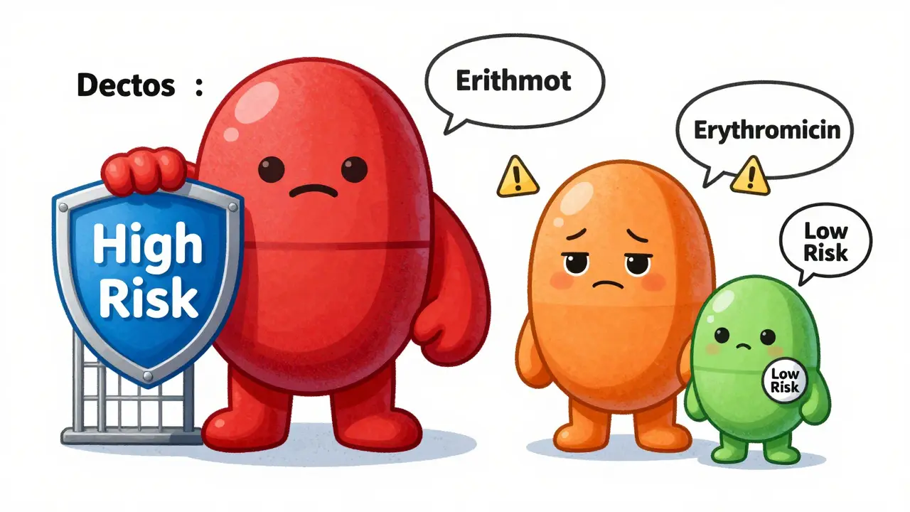 Three cartoon pills representing different macrolide antibiotic risk levels.