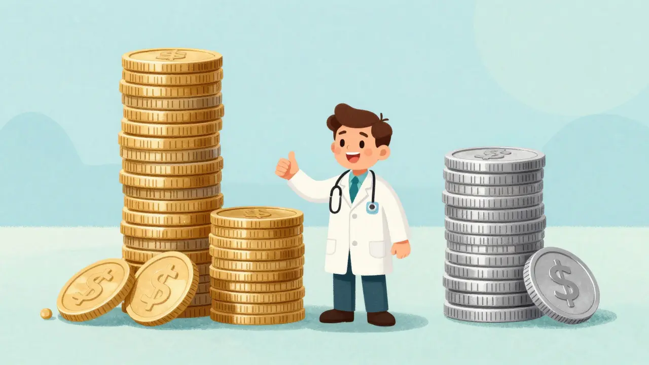 Cartoon pharmacist comparing stacks of coins to show savings on generic medication.