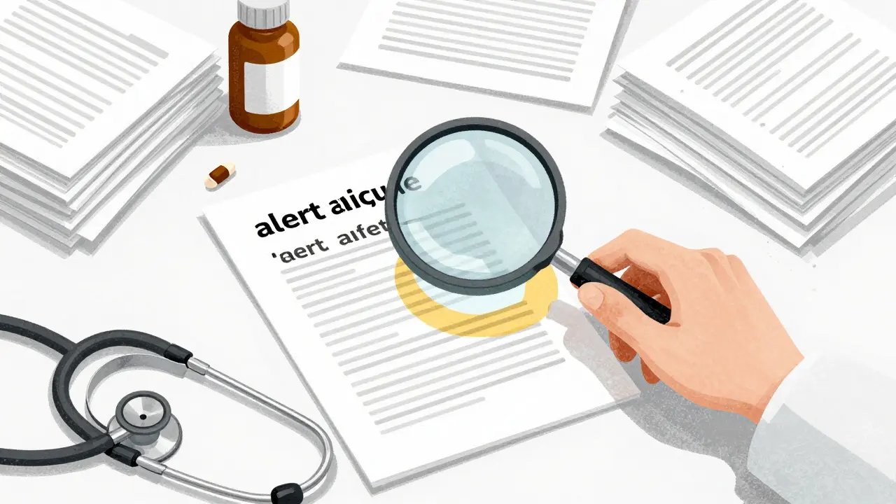 Doctor's desk with a magnifying glass focusing on one document among many