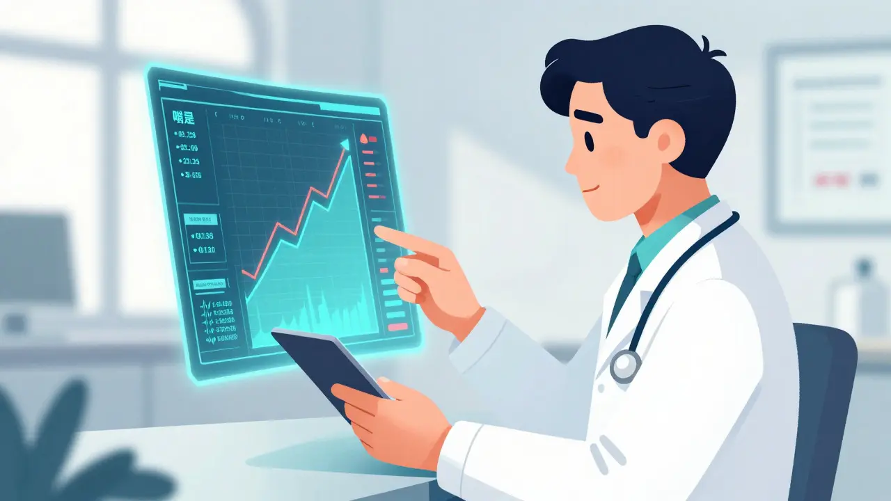 Doctor reviewing AI-driven health data and predictive analytics on a tablet