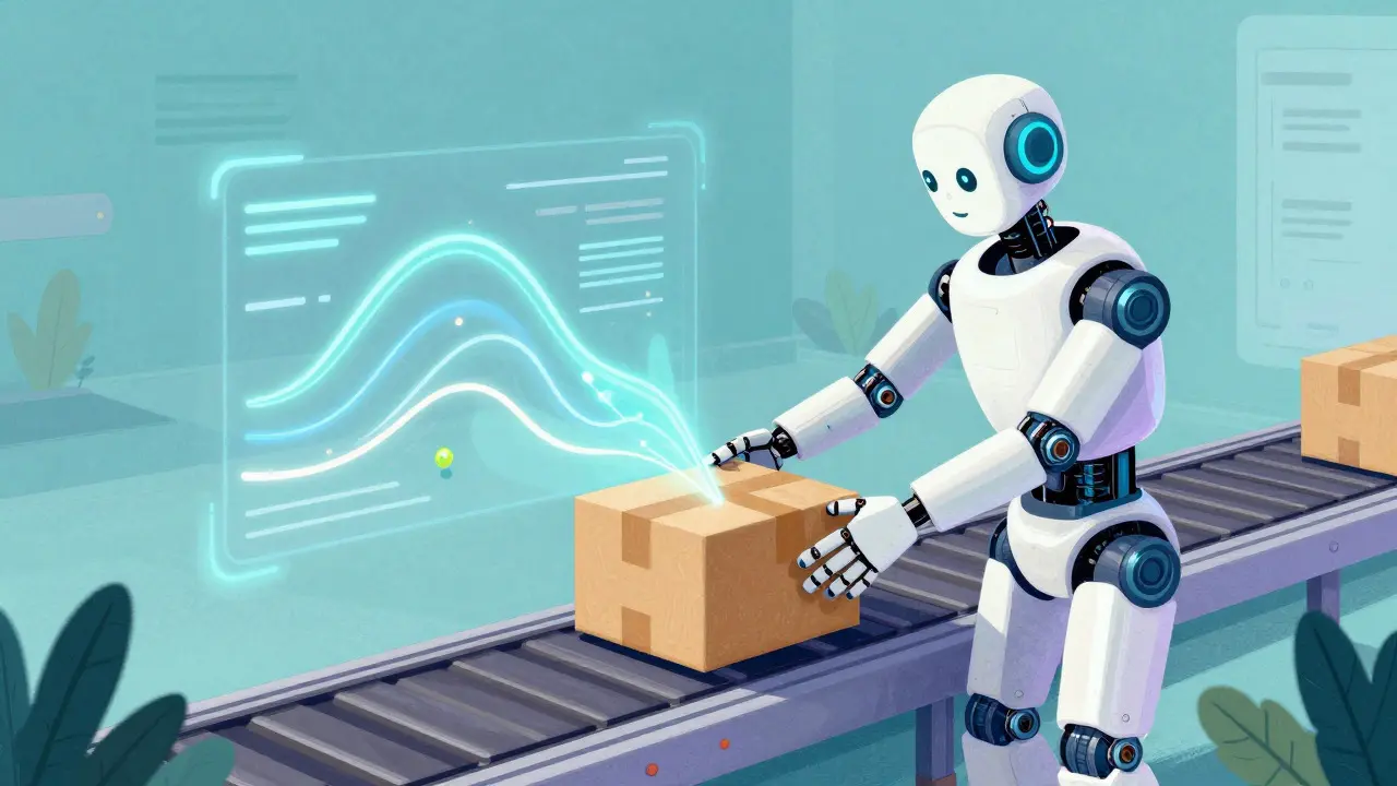 Futuristic illustration of AI robot managing sustainable supply chain logistics