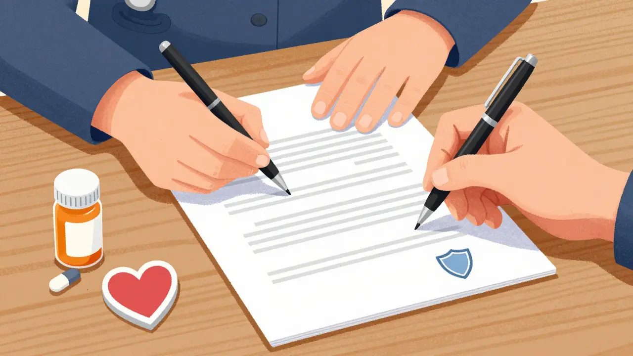 Hands signing medical power of attorney document