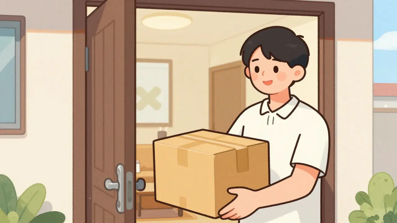 Happy person receiving a medication package at their front door