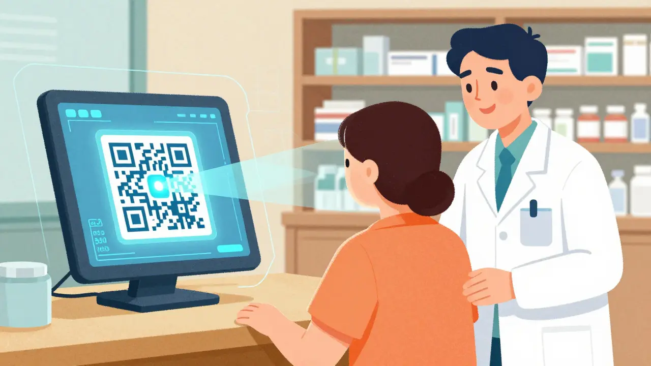 Illustration blending a digital scanner with a pharmacist interacting with a patient