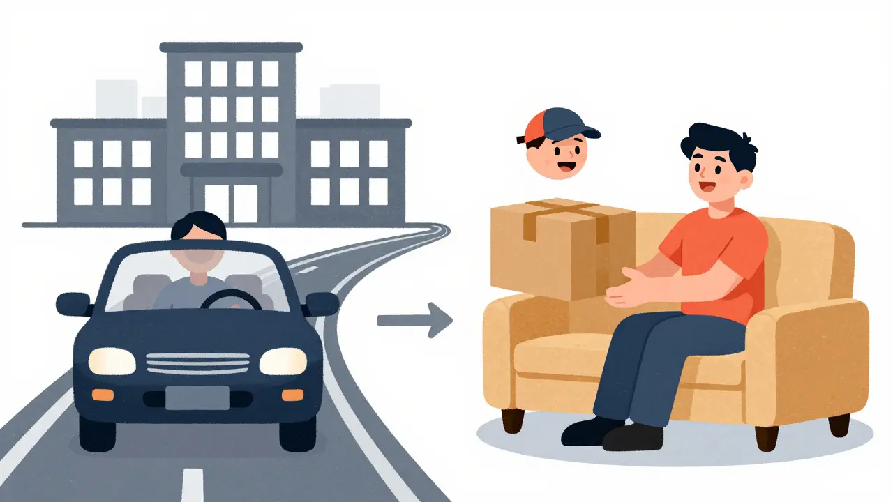 Illustration comparing driving to a pharmacy versus relaxing at home receiving a delivery.