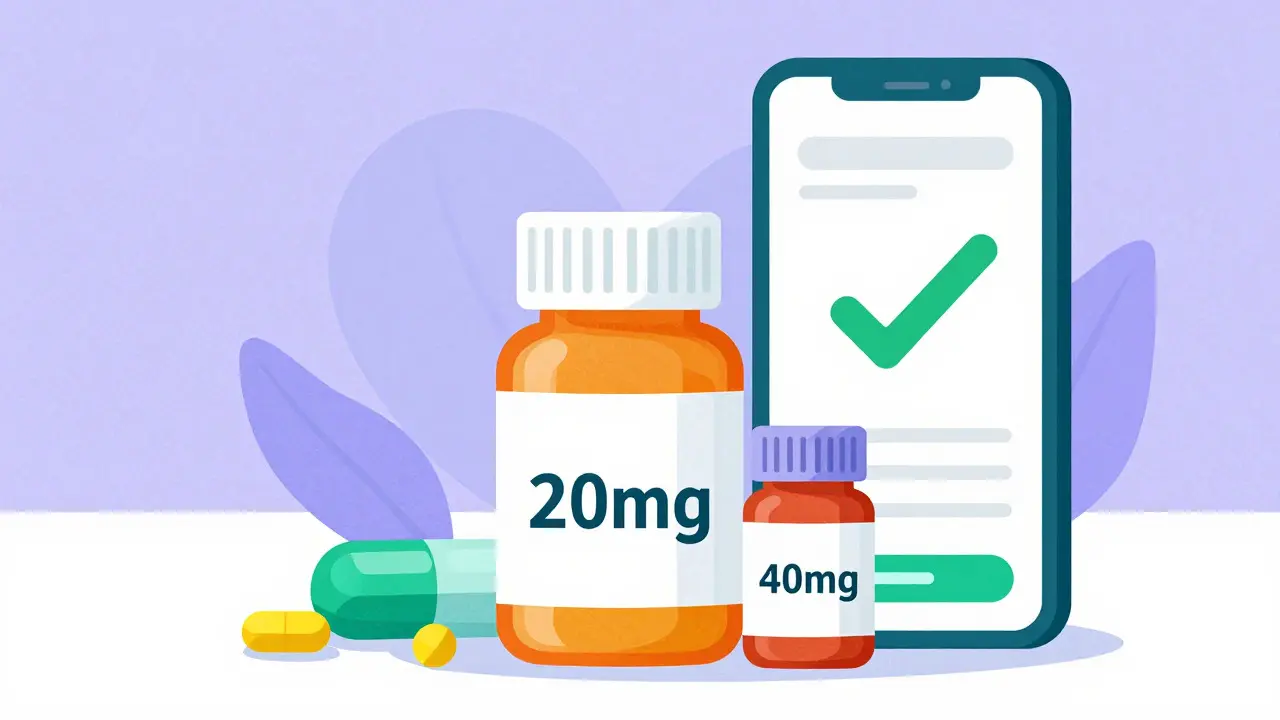 Illustration comparing OTC and prescription medication bottles with phone interface