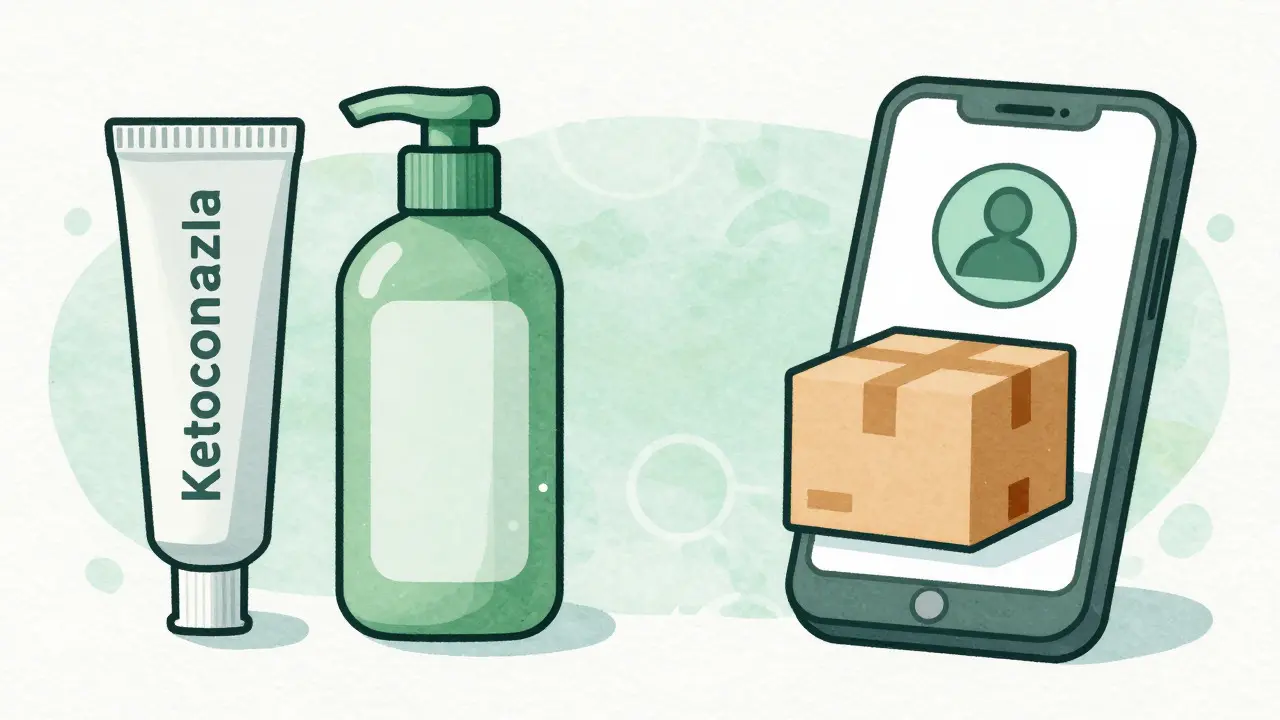 Illustration of ketoconazole cream and shampoo with phone showing easy online order