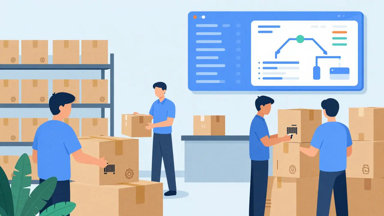 Illustration of organized warehouse with workers scanning packages efficiently