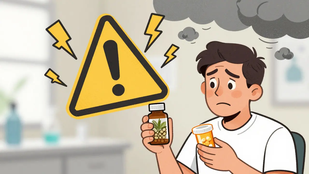 Patient holding herbs and pills with a warning symbol overhead in cartoon style