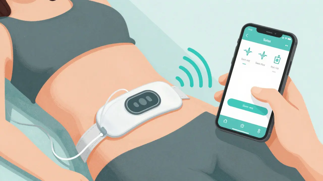 Patient wearing a wearable patch connected to a health monitoring app