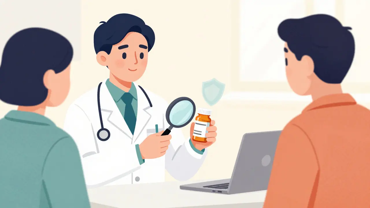 Pharmacist handing a certified medication bottle to a patient with a safety shield icon