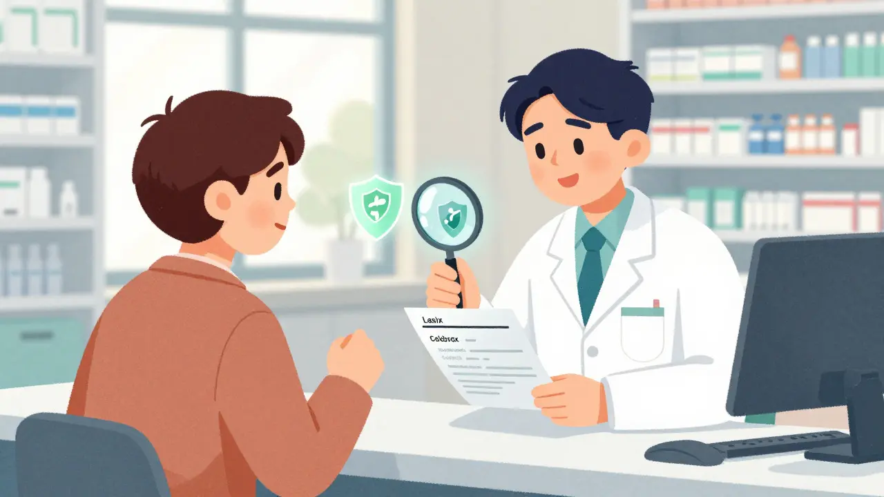 Pharmacist helping patient review safe medication list in a clinic