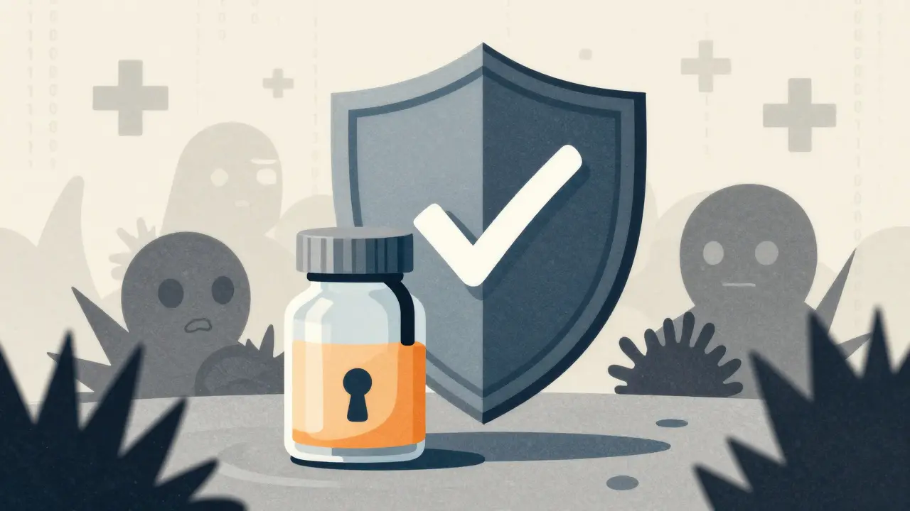 Shield protecting medicine bottle from scams, symbolizing safe online pharmacy