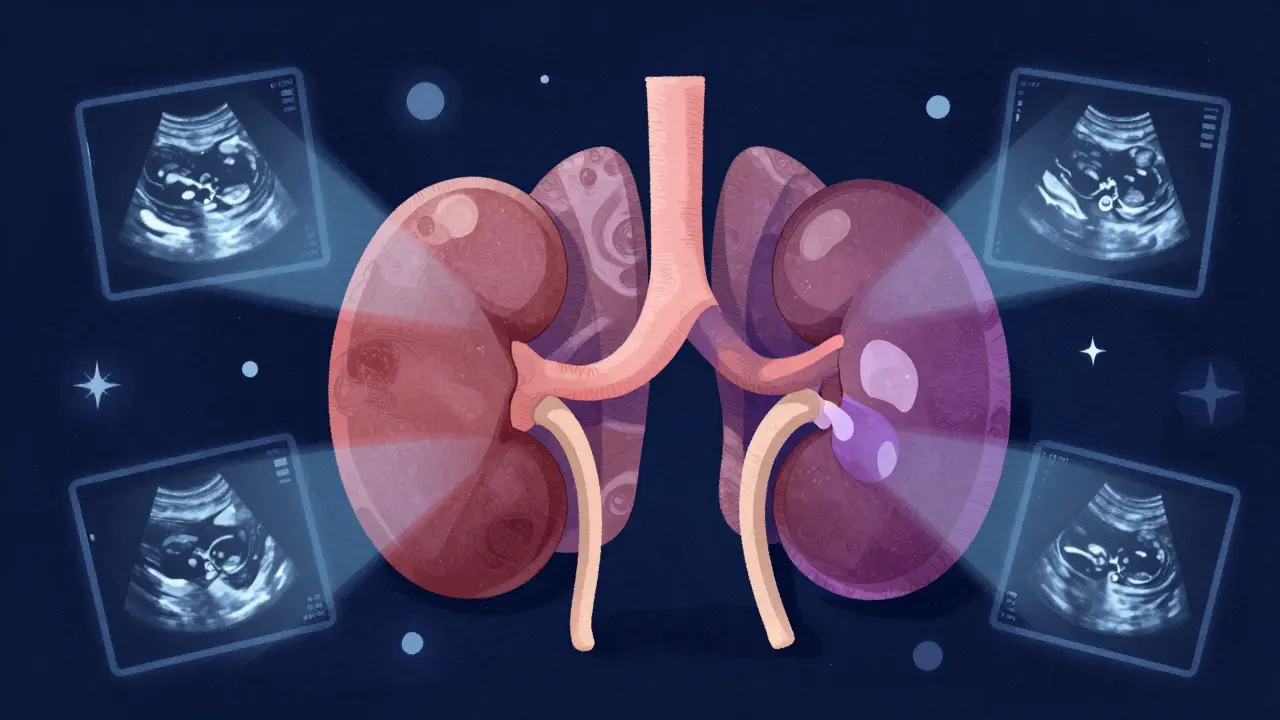 Textured cartoon of kidneys and lungs being scanned for organ health