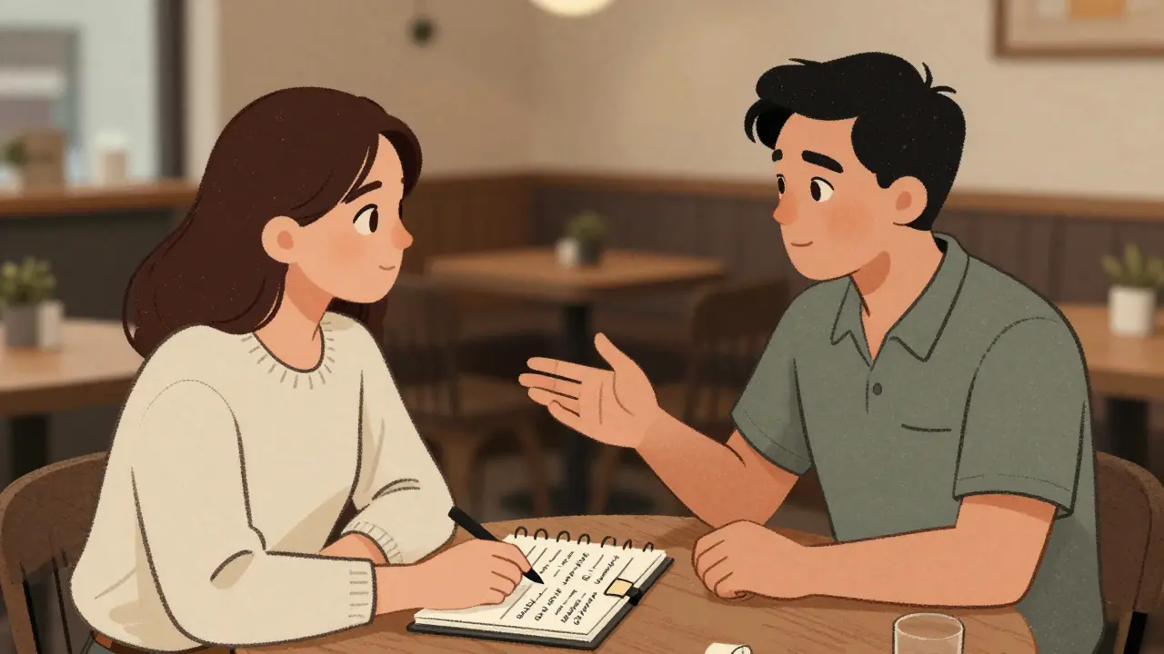 Two people discussing health plans at a coffee table