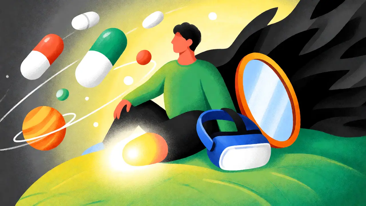 Artistic depiction of recovery combining medication, mirrors, and VR technology.