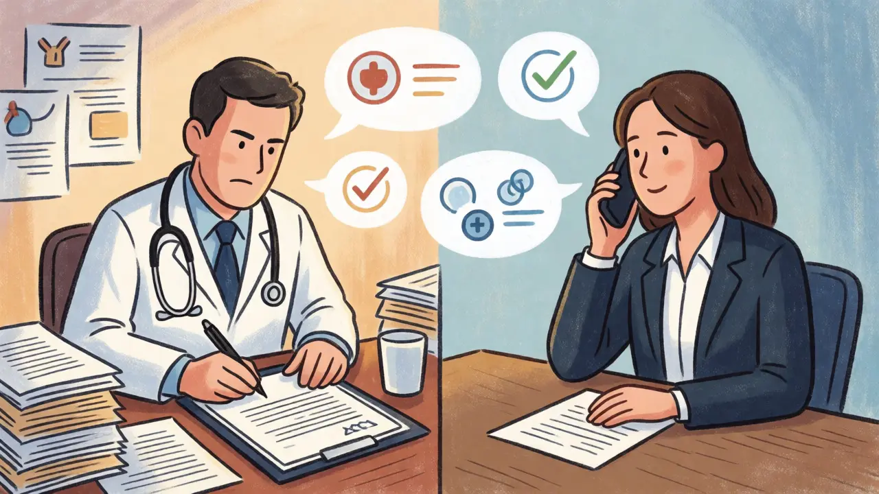 Doctor writing a medical necessity letter while talking to an insurance representative.