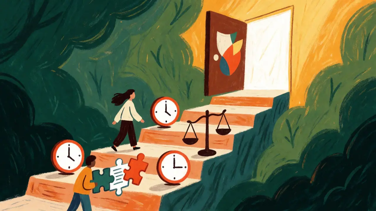 Illustrated path through appeals obstacles leading to a bright, approved outcome.