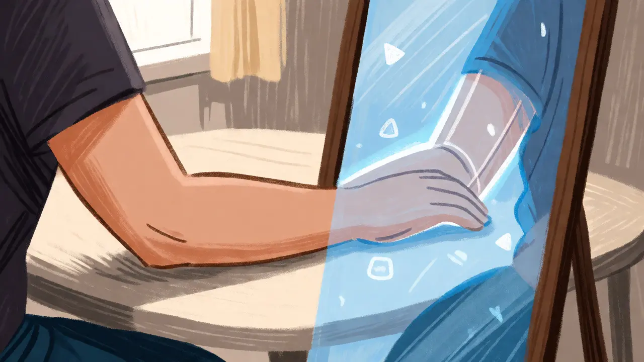 Illustration of a person using mirror therapy, reflecting a glowing phantom limb.