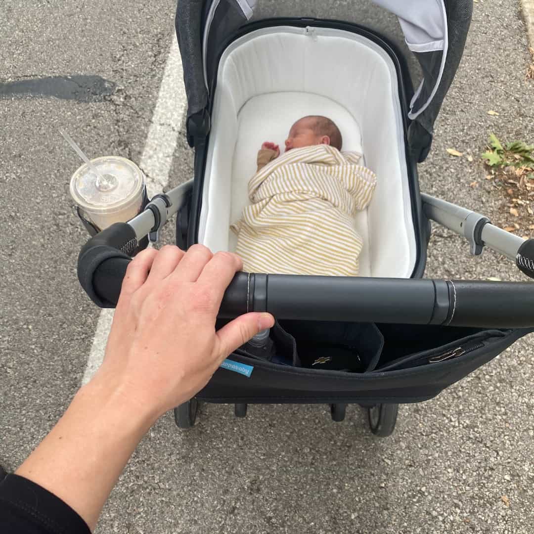 baby in bassinet stroller